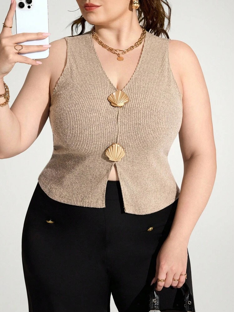 Enliva Jolene.Mendez Women Plus Size Ribbed Metallic Shell Tank Top, For Apple Rounded Body Shape, For Body Shape, For Summer | SHEIN