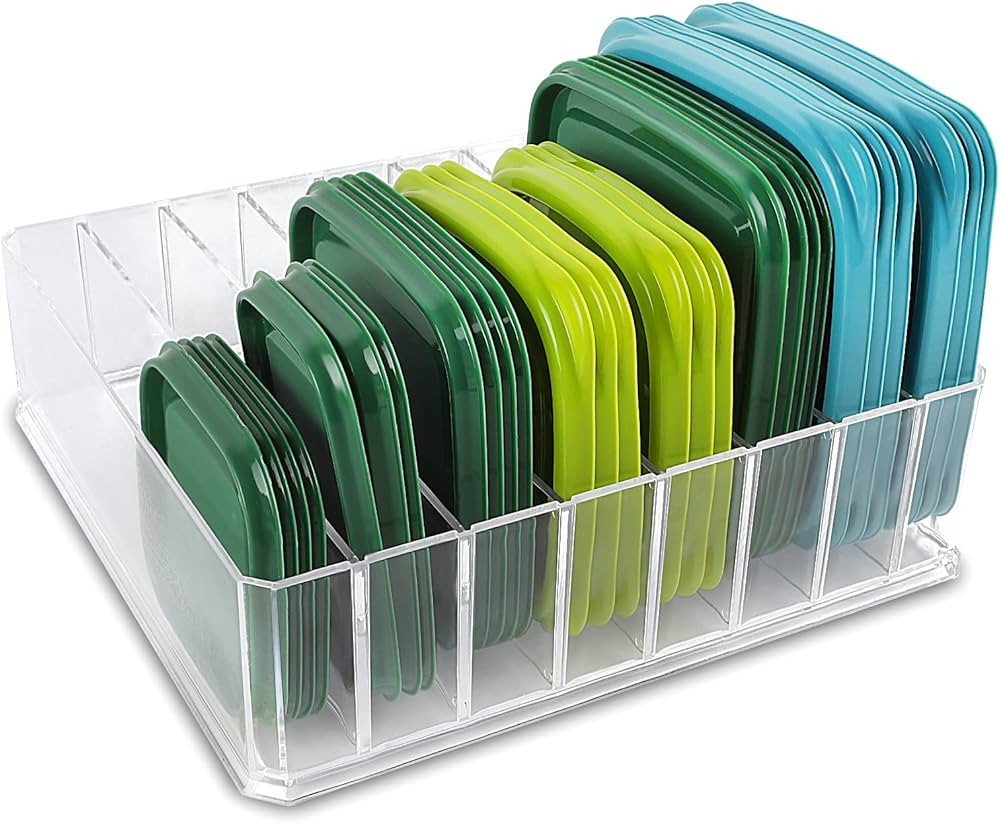 Lid Organizer for Food Storage Container, Plastic Lid Holder with 7 Adjustable Dividers for Kitch... | Amazon (US)