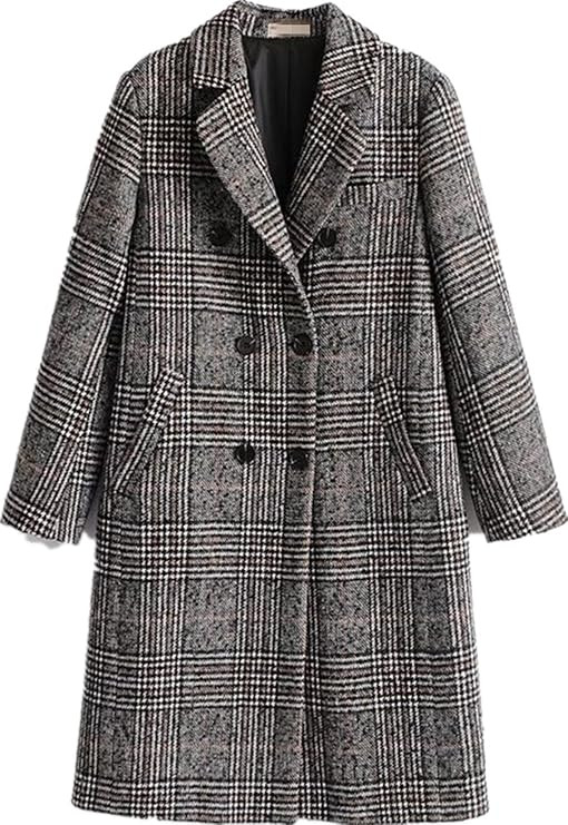 Face Dream Women Classic Lattice Winter Overcoat Lapel Double Breasted Woolen Long Coat | Amazon (US)