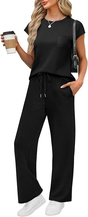 WIHOLL 2 Piece Sets for Women Casual Summer Travel Vacation Outfits Cap Sleeve Lounge Set | Amazon (US)