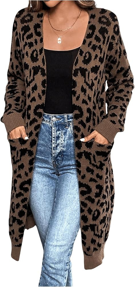 Verdusa Women's Leopard Print Open Front Long Cardigans Sweaters Knit Outerwear with Pockets | Amazon (US)