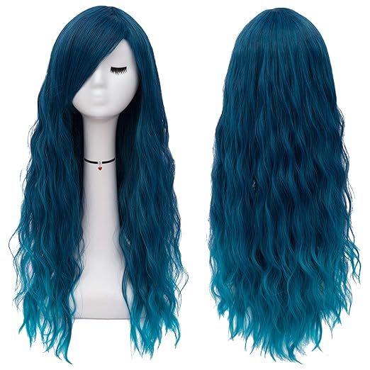 Mildiso Long Blue Wigs for Women Fluffy Curly Wavy Cosplay Costume Wig with Bangs M062B | Amazon (US)