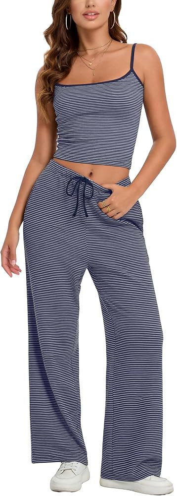 FAIABLE 2 Piece Sets for Women Striped Cami Wide Leg Pants Y2K Lounge Set Vacation Summer Beach C... | Amazon (US)