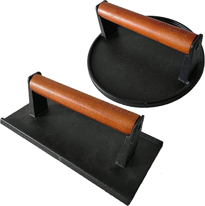 Burger Press 7.08" Round & 8.3”X4.3”Rectangle Heavy-Duty Cast Iron Smash Meat Steak with Wood... | Amazon (US)