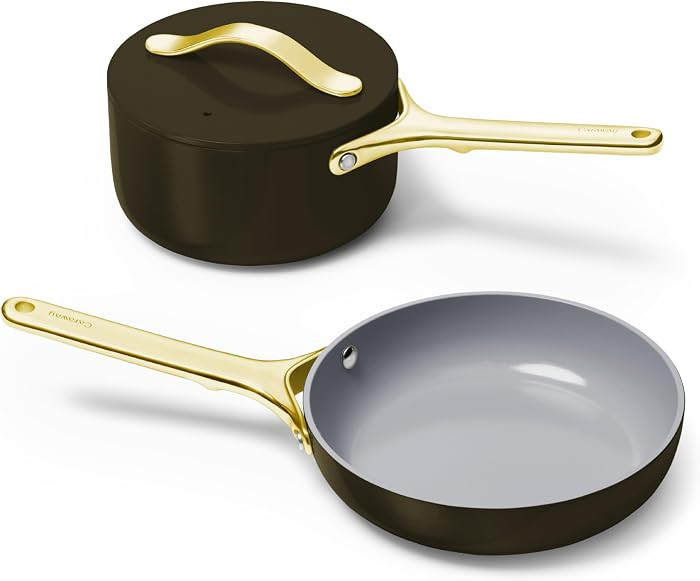 Caraway Mini Cookware Set - Non-Stick Ceramic Fry Pan (1.05 qt, 8") Sauce Pan (1.75 qt) & Storage Rack - Non Toxic, PTFE & PFOA Free - Oven Safe & Stovetop Agnostic (Gas, Electric & Induction) - Black | Amazon (US)