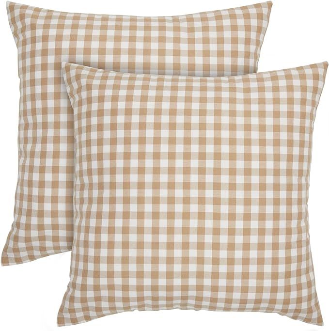 Amazon.com: Set of 2 Plaid Throw Pillow Covers 20x20 in, Light Brown and White Buffalo Farmhouse ... | Amazon (US)