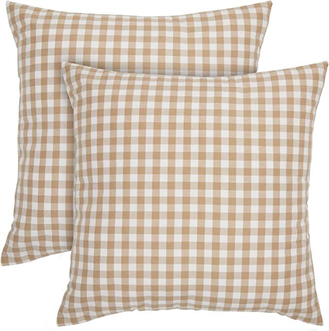Set of 2 Plaid Throw Pillow Covers 20x20 in, Light Brown and White Buffalo Farmhouse Decorative C... | Amazon (US)