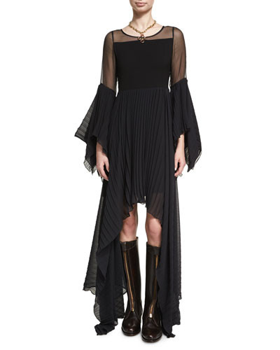 Asymmetric Pleated Chiffon Dress, Black | Bergdorf Goodman