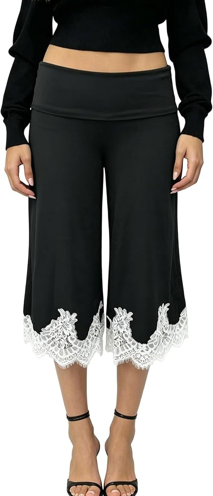 Gaucho Pants for Women Fold over Lace Trim Wide Leg Capri Pants | Amazon (US)
