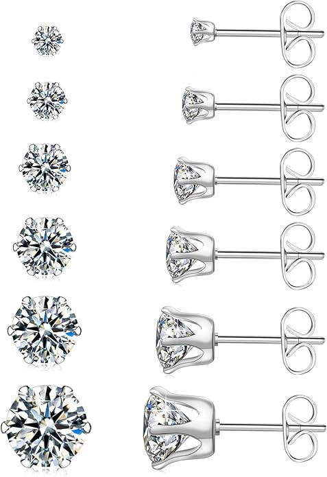 UHIBROS 6 Pairs Stainless Steel Stud Earrings Set Hypoallergenic Cubic Zirconia 14K White Gold 31... | Amazon (US)
