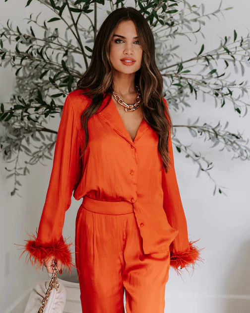 Marilynn Satin Feather Trim Button Down Top - Burnt Orange | VICI