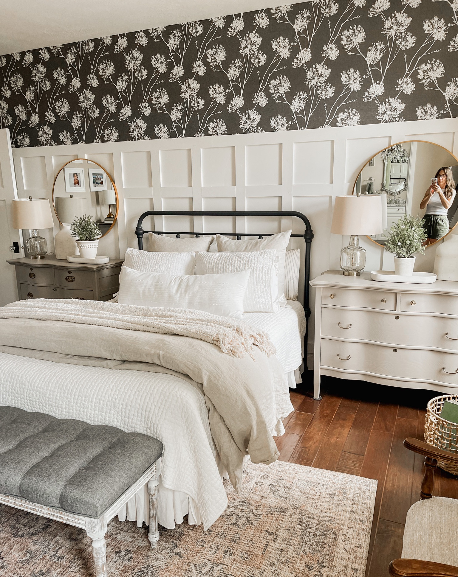 Master bedroom decor, Master bedroom inspo, neutral bedroom, wallpaper bedroom, bedroom wallpaper, black and white bedroom, Amazon decor, Pottery Barn bedding, 

#LTKhome #LTKFind