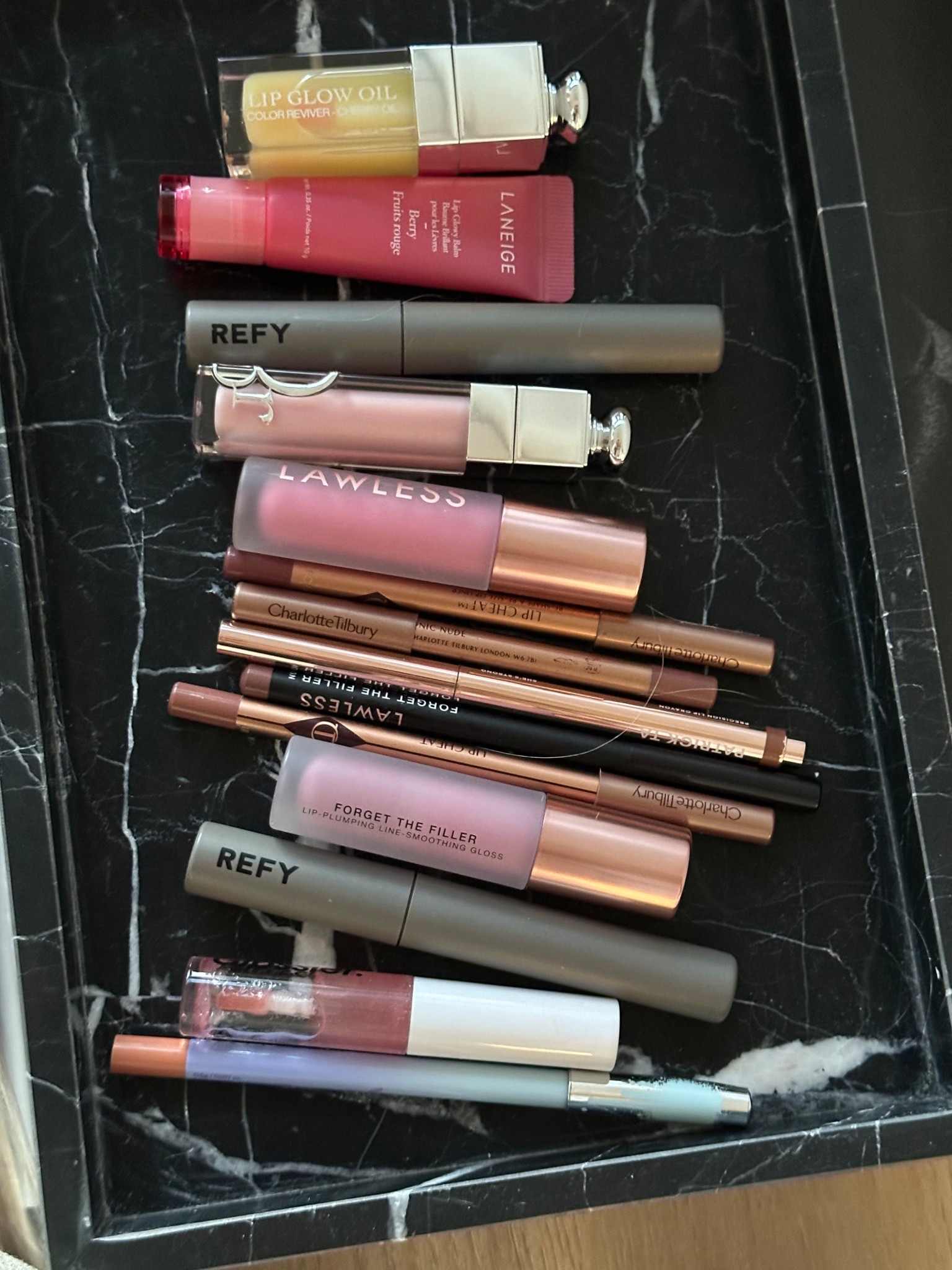 Dior-yellow
Laneige- Berry 
Refy - Taupe 
Dior- pink 
Lawless lavender 
Tilbury- love trap 
Tilbury -Iconic nude 
Patrick ta - She's strong 
Lawless- Rosewood liner 
Refy- Fawn 
Glossier -Clear gloss 
Kosas - Epic 

#LTKStyleTip #LTKBeauty #LTKGiftGuide