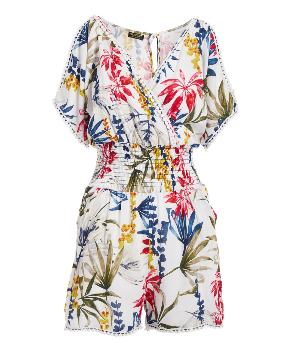 Paris Pink U.S. Women's Rompers WHITE/TROPICAL - White & Red Tropical Romper - Women | Zulily