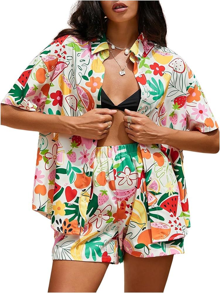 Verdusa Women's 2 Piece Outfits Tropical Drop Shoulder Button Front Shirt Top with Shorts Set | Amazon (US)