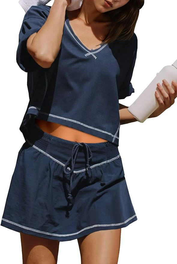 Fisoew Womens 2 Piece Skirt Set Summer Short Sleeve Tops Tennis Skirts Casual Sweatsuits Vacation... | Amazon (US)