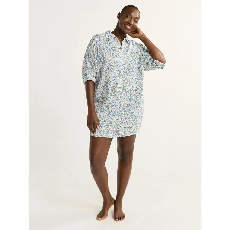 Joyspun Women’s Woven Long Sleeve Button Front Sleepshirt, Sizes S-3X | Walmart (US)