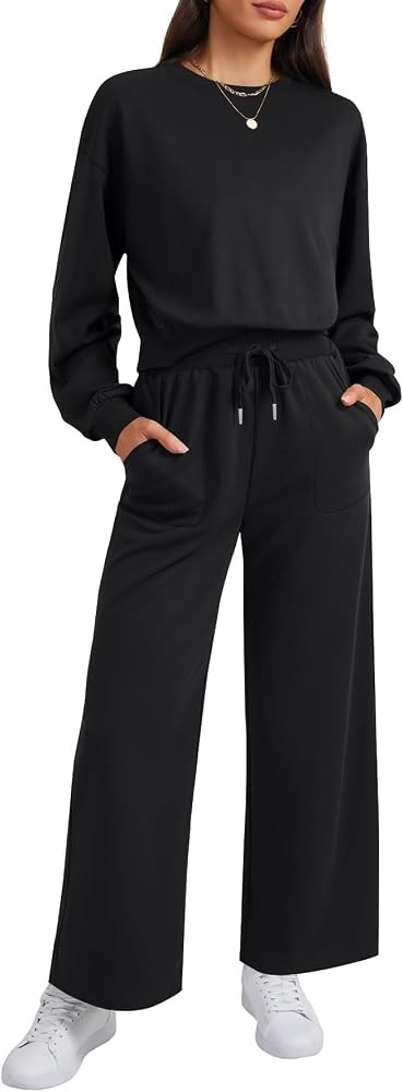 LYANER Women's 2 Piece Long Sleeve Tops Drawstring Wide Leg Long Pants Lounge Tracksuit Sets | Amazon (US)