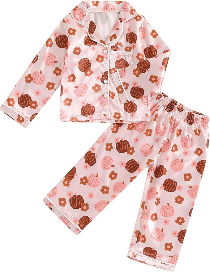 Kids Baby Girl Pajamas Set Silk Floral Pumpkin Print Button Down Shirt Tops Pants Toddler Sleepwe... | Amazon (US)