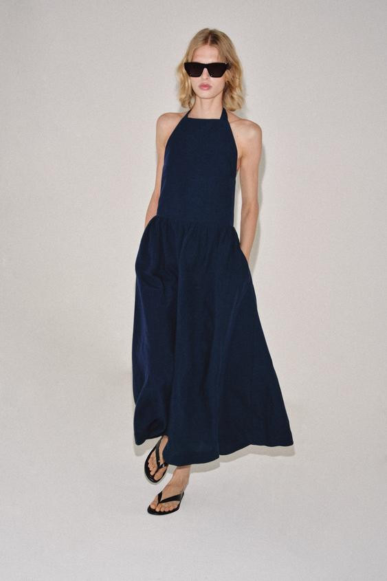 Zara - Zw Collection Halter Neck Dress - Navy Blue - S - Woman | Zara UK