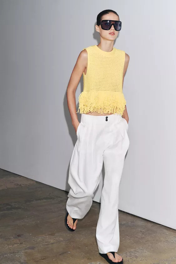 CHECK KNIT TOP WITH FRINGING | Zara UK