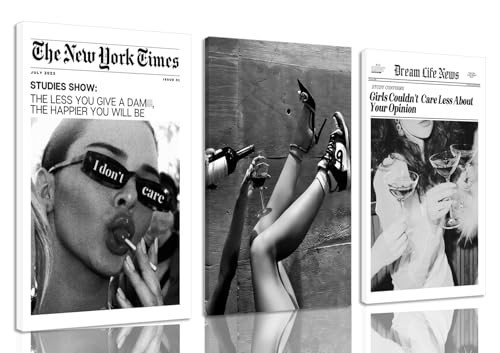 Trendy The New York Times Wall Art 16x24 in Framed Black and White Elegant Urban Feminist Canvas Posters Retro Trendy Cocktail Girly Posters Bar Cart Newspaper Living Room Wall Decor Set of 3 | Amazon (US)