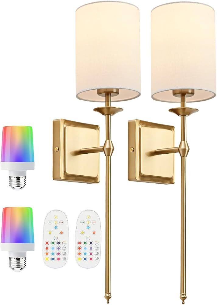 Battery Operated Wall Sconces Set of 2 Gold Sconces Wall Decor Cordless Wall Sconces with Remote ... | Amazon (US)