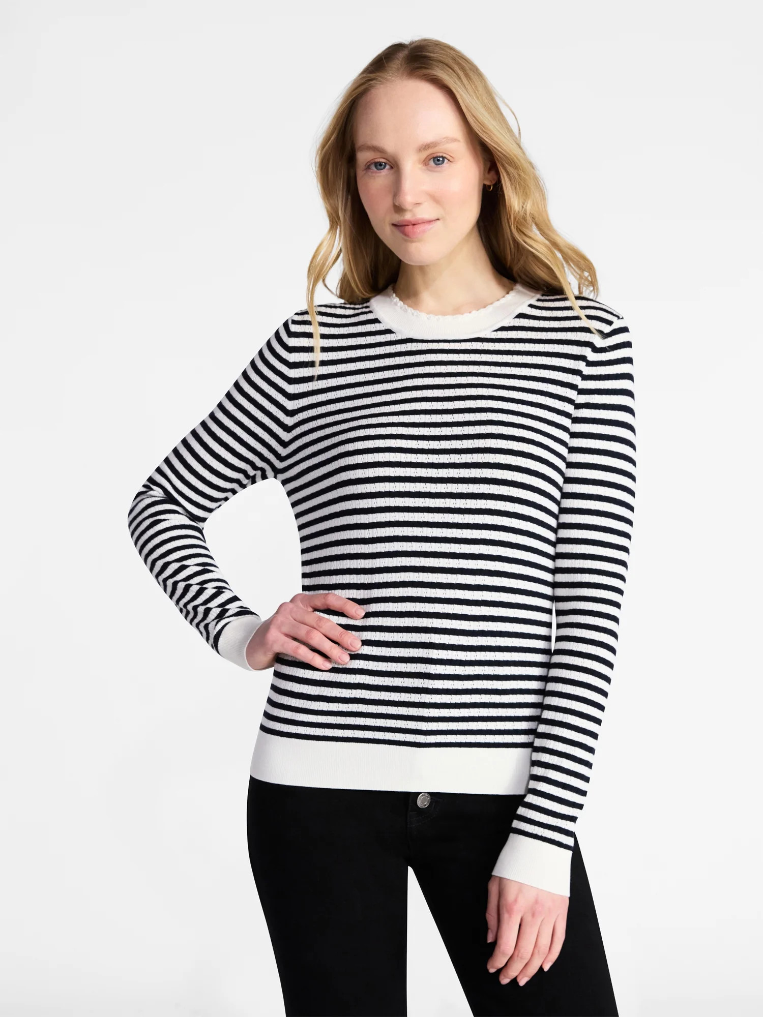 Time and Tru Women's Stripe Pointelle Rib Sweater with Long Sleeves, Lightweight, Sizes XS-XXXL | Walmart (US)