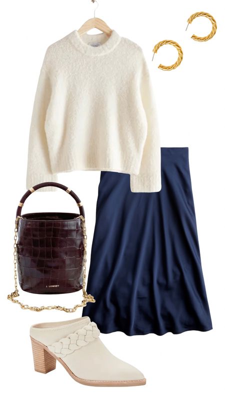 Slip skirt styled 3 ways — navy slip skirt, ivory sweater, burgundy bag, suede heels, fall outfit 

#LTKunder50 #LTKworkwear #LTKSeasonal