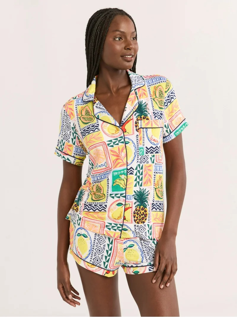 Joyspun Women’s Notch Collar Top and Shorts Pajama Set with Piping, 2-Piece, Sizes XS-3X | Walmart (US)