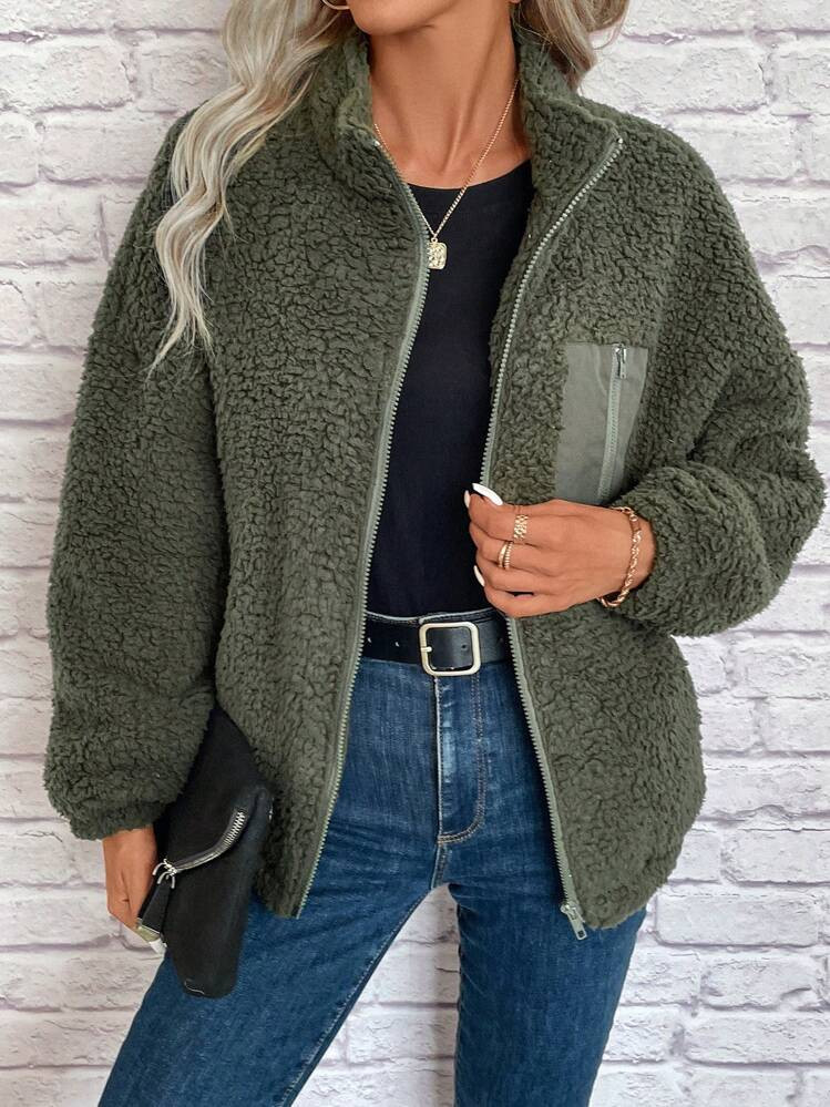 SHEIN LUNE Zip Up Drop Shoulder Teddy Jacket In Fall/Winter | SHEIN