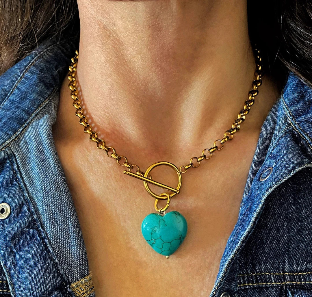 turquoise heart necklace, heart pendant necklace, toggle necklace with heart, Valentine’s Day g... | Etsy (US)