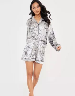 In The Style x Lorna Luxe satin contrast trim pajama shirt and short set in navy floral | ASOS (Global)