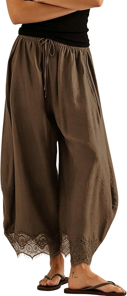 Women's Lace Hem Wide Leg Pants Summer Drawstring High Waist Ruffle Boho Beach Vacation Barrel Pa... | Amazon (US)