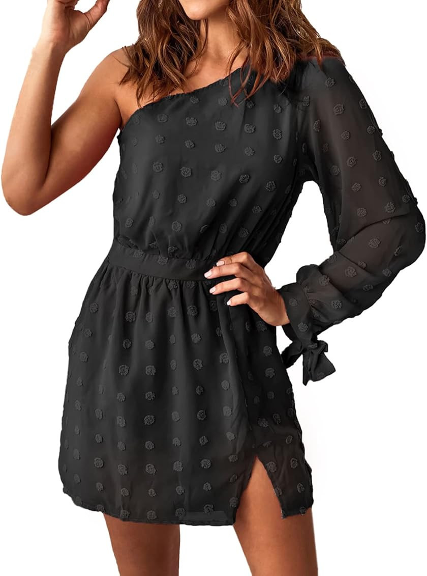 BTFBM Women One Shoulder Long Sleeve Casual Dresses Cute Swiss Dot Soft High Waist Side Split Flo... | Amazon (US)