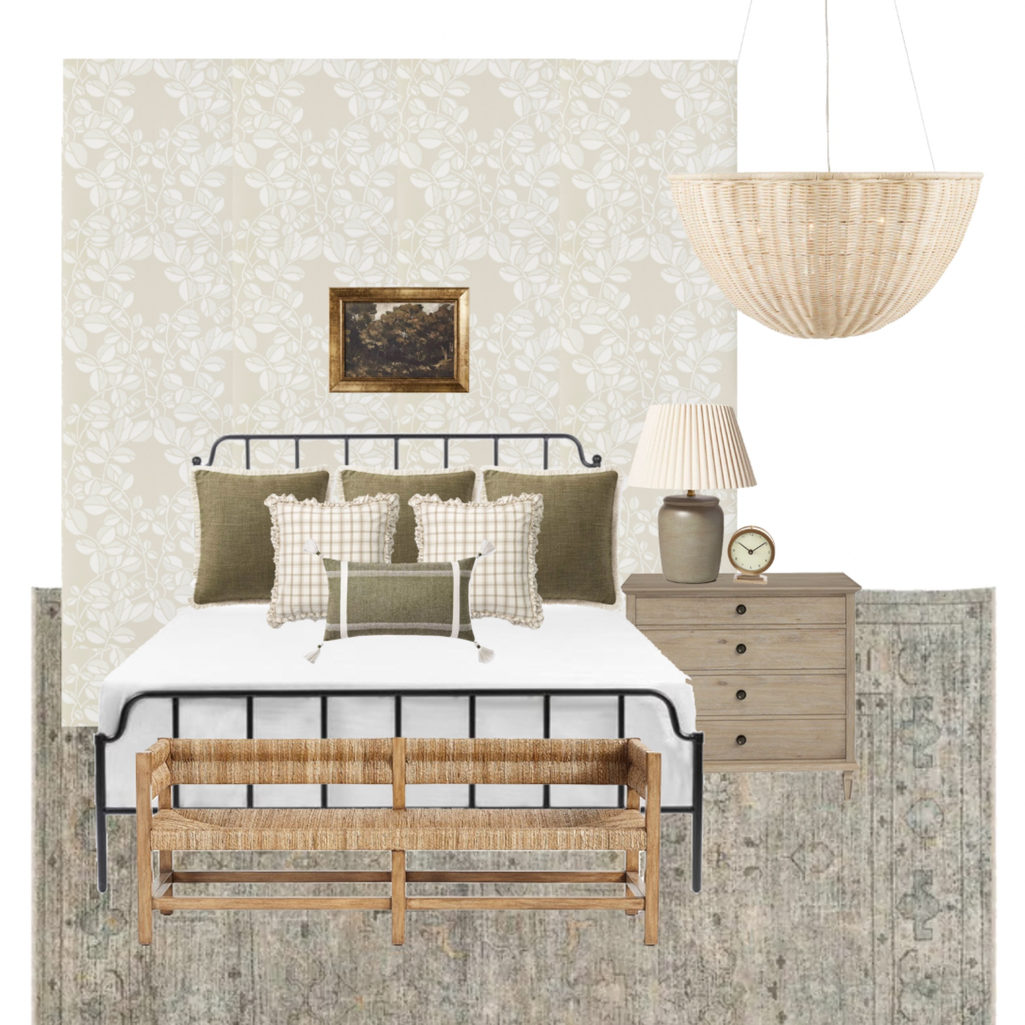 My take on a Nancy Meyers Bedroom Aesthetic 💖
#coastalhome #homedecor #bedroom #bedroomdecor #bedroomdesign #wallpaper #nightstand #rattan #chandelier #arearug #throwpillows #bench #cozybedroom

#LTKhome