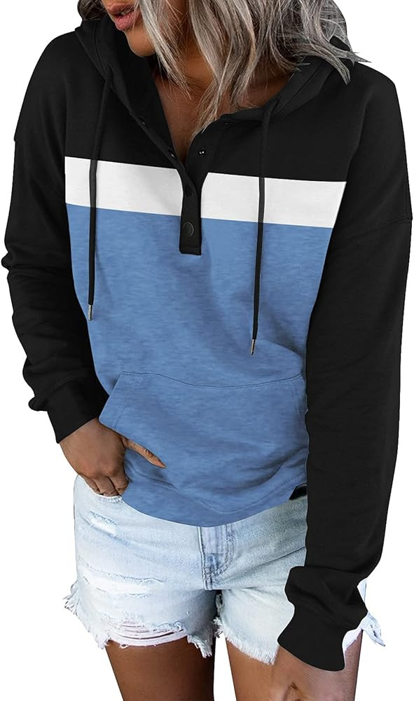 Women's Casual Color Block Hoodies Long Sleeve Tops Button Down Drawstring Pullover Sweatshirts w... | Amazon (US)