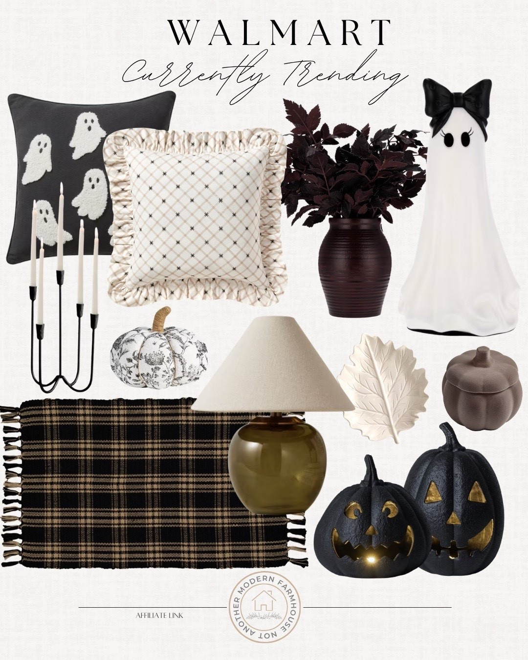 Currently trending at Walmart includes Halloween throw pillows, candlestick holders, faux arrangement, ghost blow mold, ceramic pumpkins, rug, table lamp, pumpkin pillow, leaf tray, pumpkin candle.

Home decor, Halloween decor, looks for less, fall decor, trending decor

#LTKHome #LTKSaleAlert #LTKSeasonal