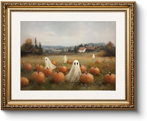 Vintage Halloween Ghost and Pumpkin Patch Gold Framed Wall Art, 13x16 Inch Canvas Print with Spoo... | Amazon (US)