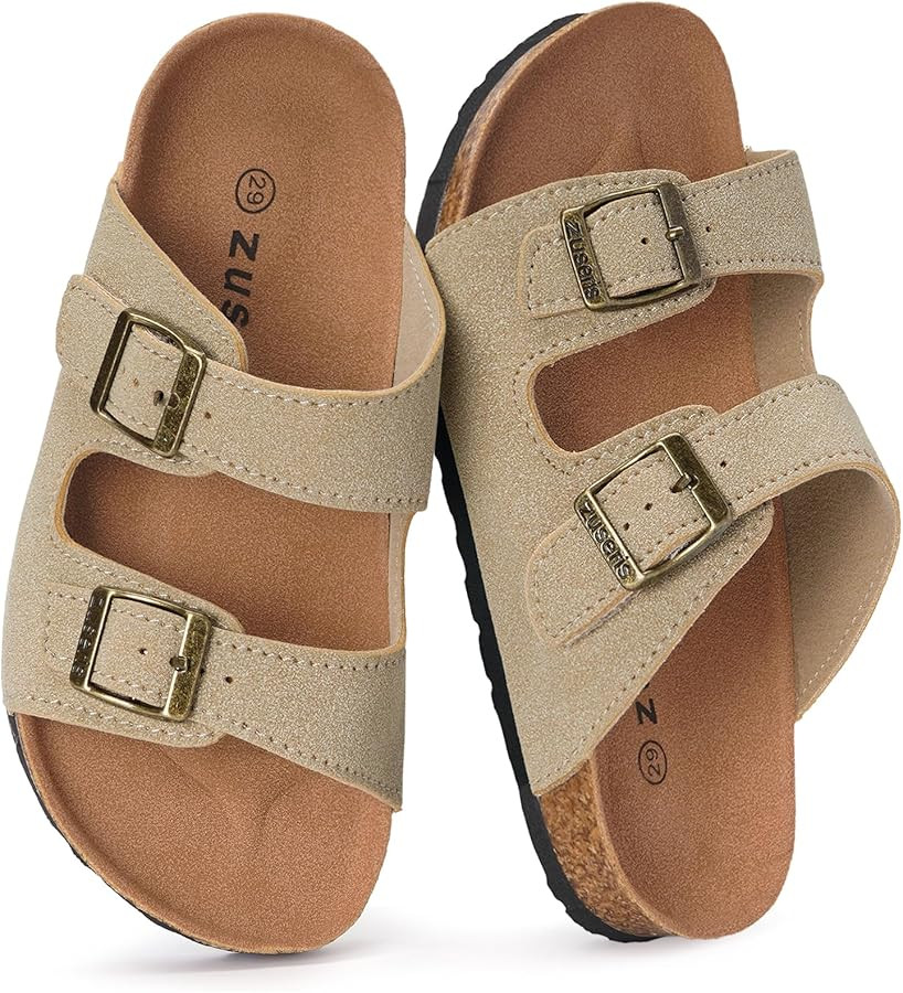 ZUSERIS Kids Toddler Sandals Boys Girls Cork Footbed Slides Double Buckle Suede Leather Slippers ... | Amazon (US)