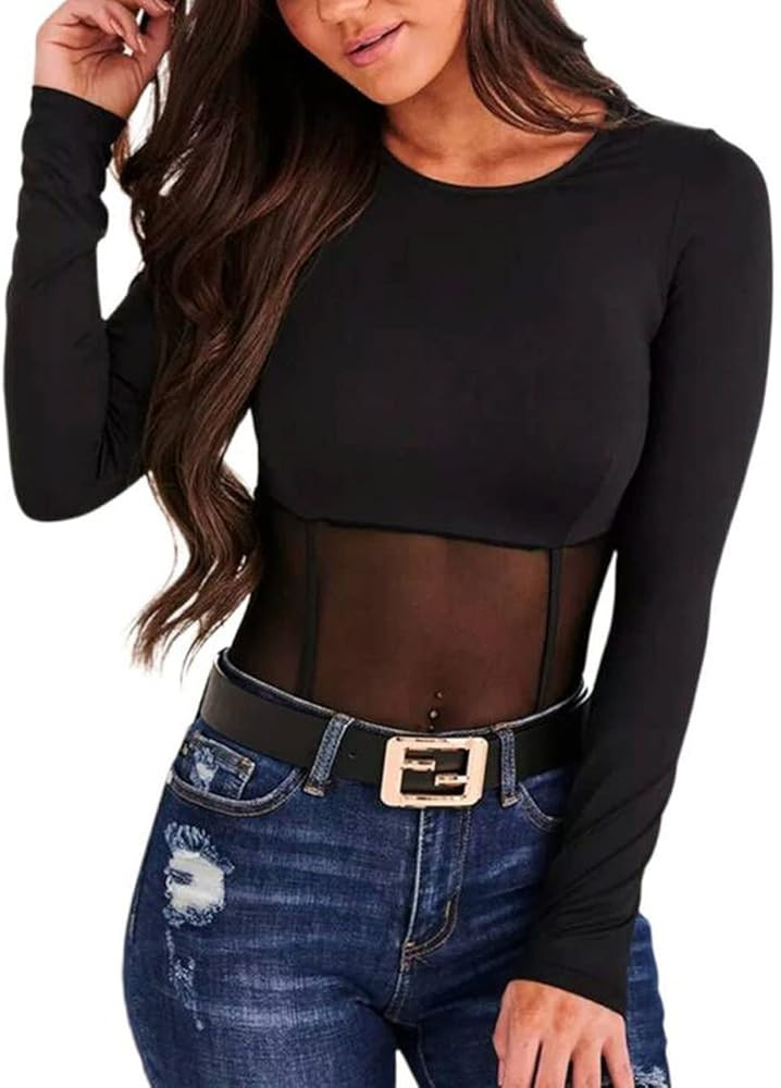SEBOWEL Women Long Sleeves Mesh See Through Jumpsuit Bodysuit Top Leotard | Amazon (US)