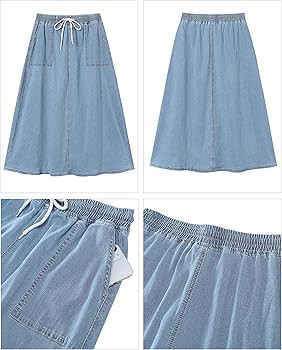 luvamia Denim Skirts for Women Trendy A Line Long Maxi Pull On Elastic Waist Drawstring Stretchy ... | Amazon (US)