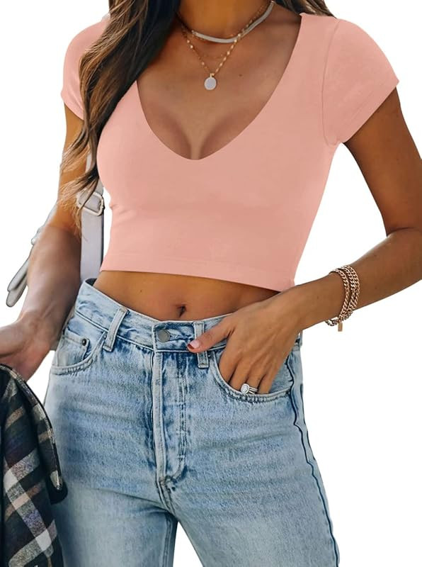 REORIA Women’s Sexy Casual V Neck Short Sleeve Double Lined Tight T Shirts Crop Tops Tees | Amazon (US)