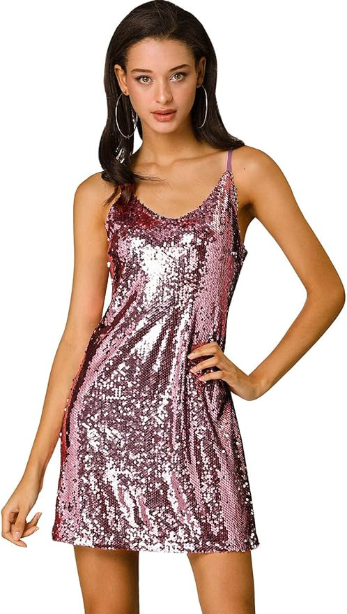 Allegra K Women's Glitter Sequin Dress Spaghetti Strap V Neck Party Cocktail Sparkly Mini Dress C... | Amazon (US)