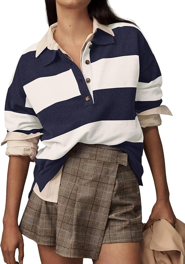 Womens Striped Sweater Shirts Lapel Polo V Neck Long Sleeve Strip Knit Pullover Casual Layer Top ... | Amazon (US)