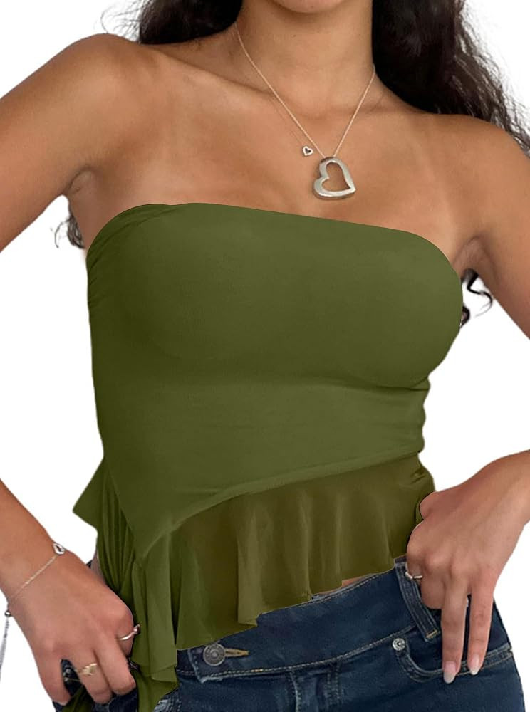 Remidoo Women's Ruffle Asymmetrical Hem Crop Tops Sexy Sheer Mesh Strapless Tube Top | Amazon (US)