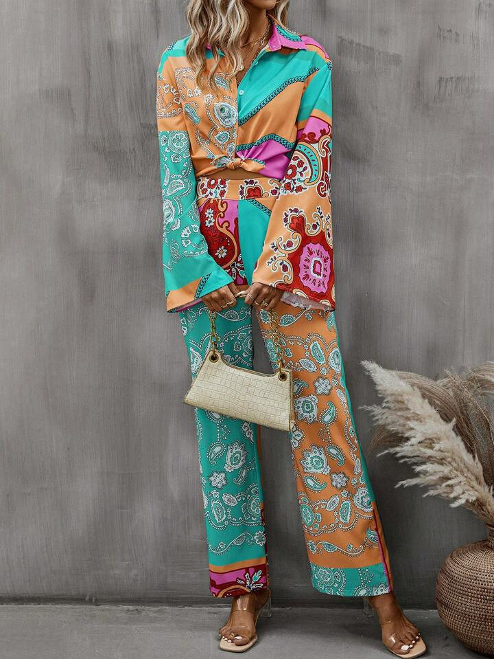 SHEIN Unity Paisley Print Shirt & Wide Leg Pants | SHEIN