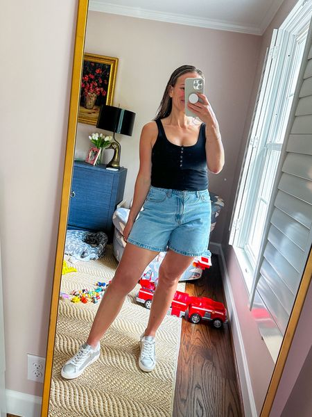 Love love love these longer denim shorts! Because they’re looser, they look best with fitted tops. They run TTS. 

These sneakers are so comfortable and also run TTS. They’re so cushiony! I love the silver for spicing up an outfit but I own and love the white too  

Linked my favorite undies, bra (great for breastfeeding) and no show socks too 

#LTKShoeCrush #LTKSummerSales #LTKOver40