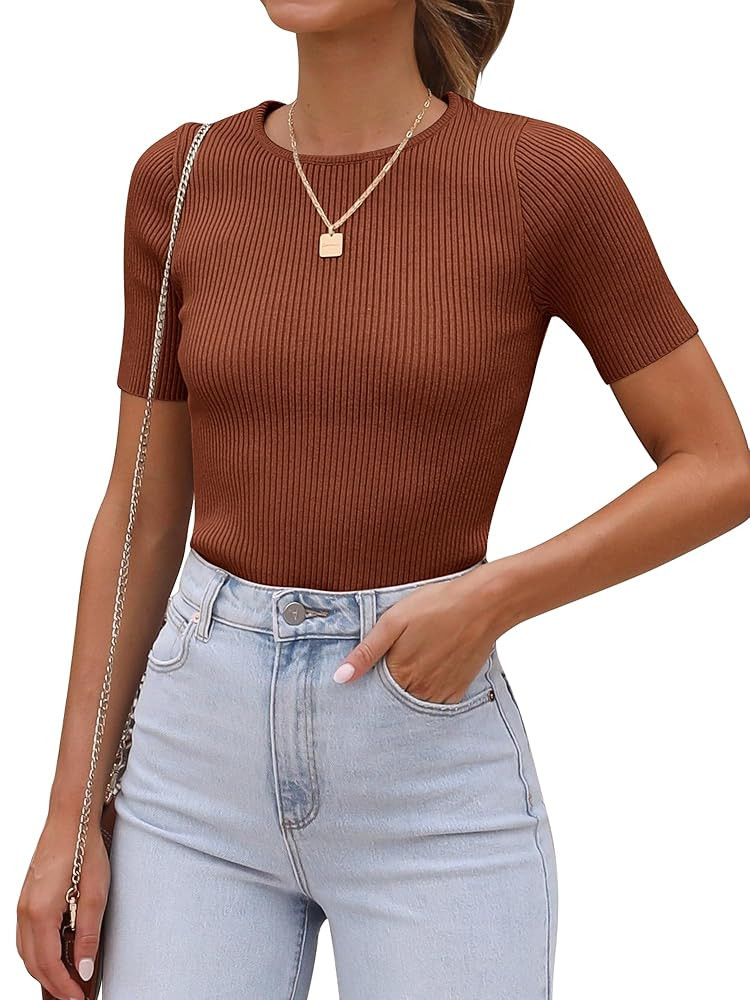 ANRABESS Womens Short Sleeve Crewneck T Shirt Ribbed Knit Sweater Shirts Slim Fit Basic Casual Sp... | Amazon (US)
