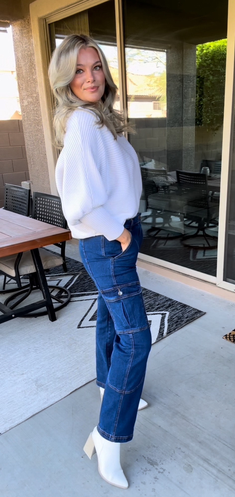 Cargo Jeans. Blue Jeans. Pocketed Jeans. High Waisted Jeans. White Sweater. Chunky Sweater. Booties. Heeled Booties. Amazon Denim. Fall Outfit. Fall Fashion. Fall Style  

#LTKfindsunder50 #LTKstyletip #LTKfindsunder100